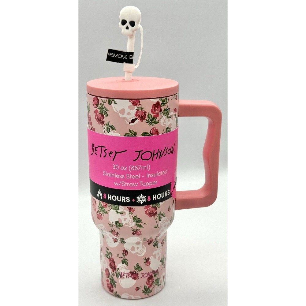 Betsey Johnson 30oz Pink Skull Roses Stainless Steel Tumbler Straw Gothic